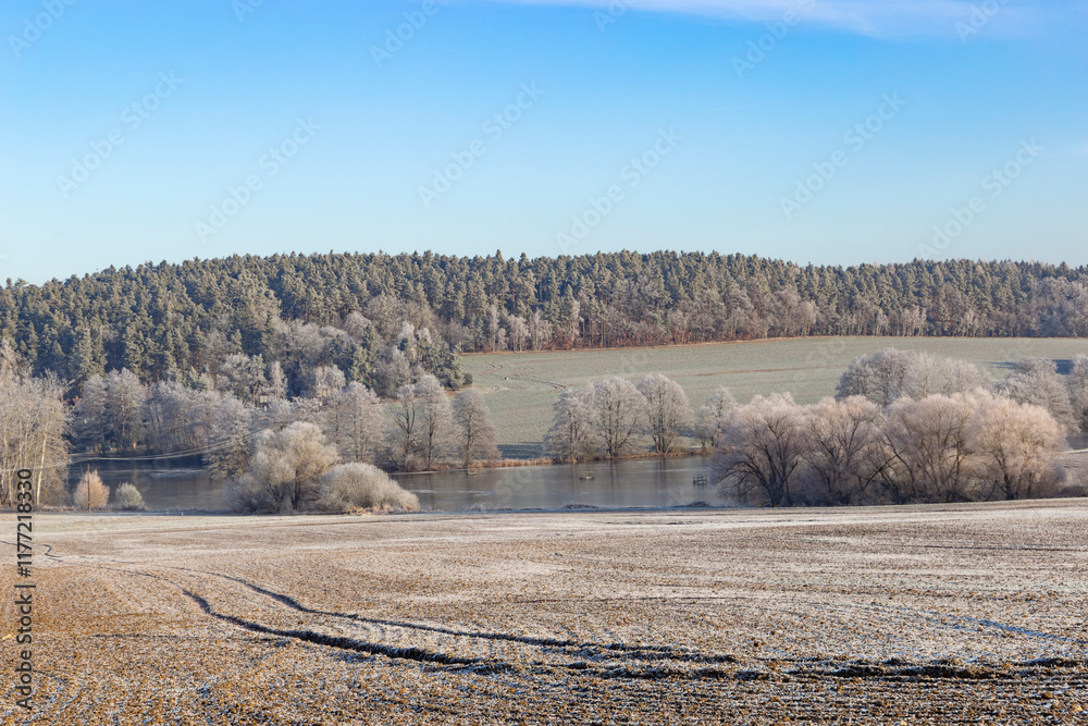 A serene winter morning in the countryside with frost-covered trees, a calm pond, and distant farmhouses under a clear blue sky.