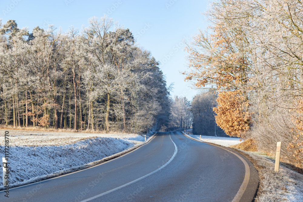 A paved road in the countryside. A cold, winter morning.
