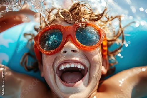 A playful child wearing bright sunglasses smiles widely while splashing in the pool water, embodying the essence of joyous summer days filled with fun and vibrant energy. photo