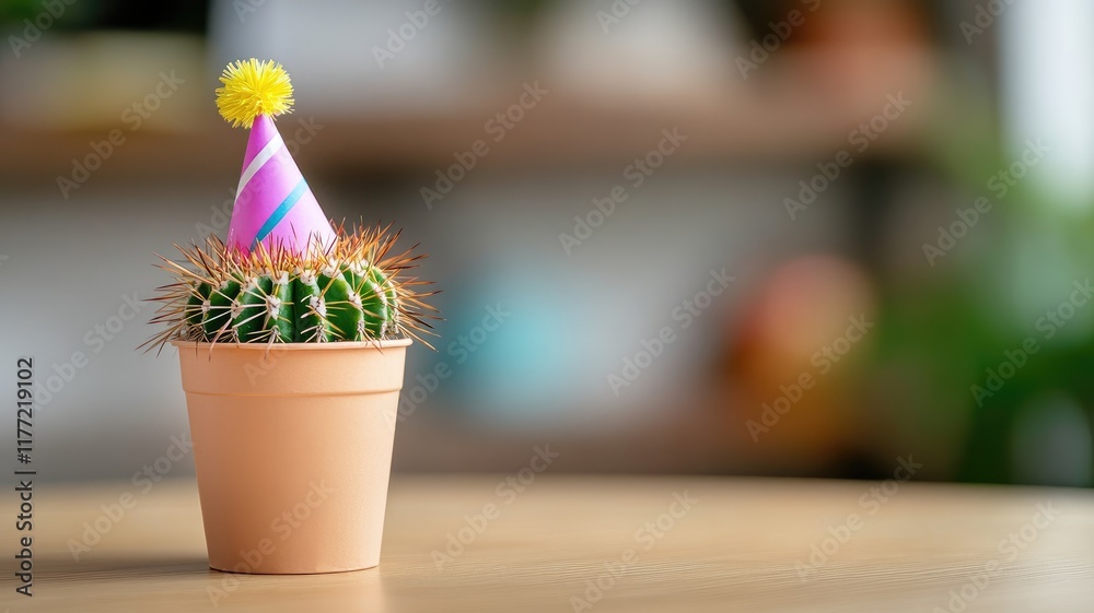 Cactus with party hat in terracotta pot on wooden table Cactus with party hat in terracotta pot on wooden table