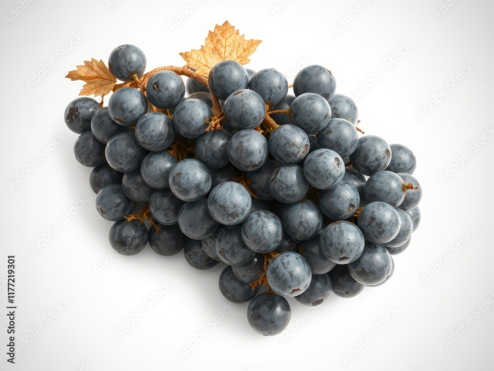 A cluster of sun-dried blue grapes, isolated against a pure white backdrop, copy space,blue grapes