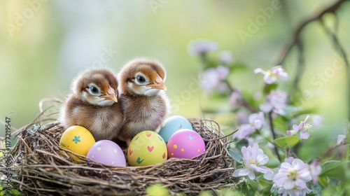 Two baby chicks sitting in nest with colorful easter eggs and spring flowers photo