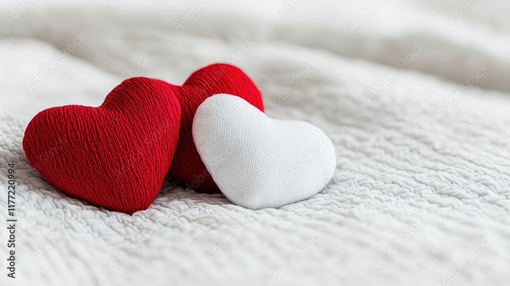 Fototapeta premium Three fabric hearts, two red and one white, on soft textured surface