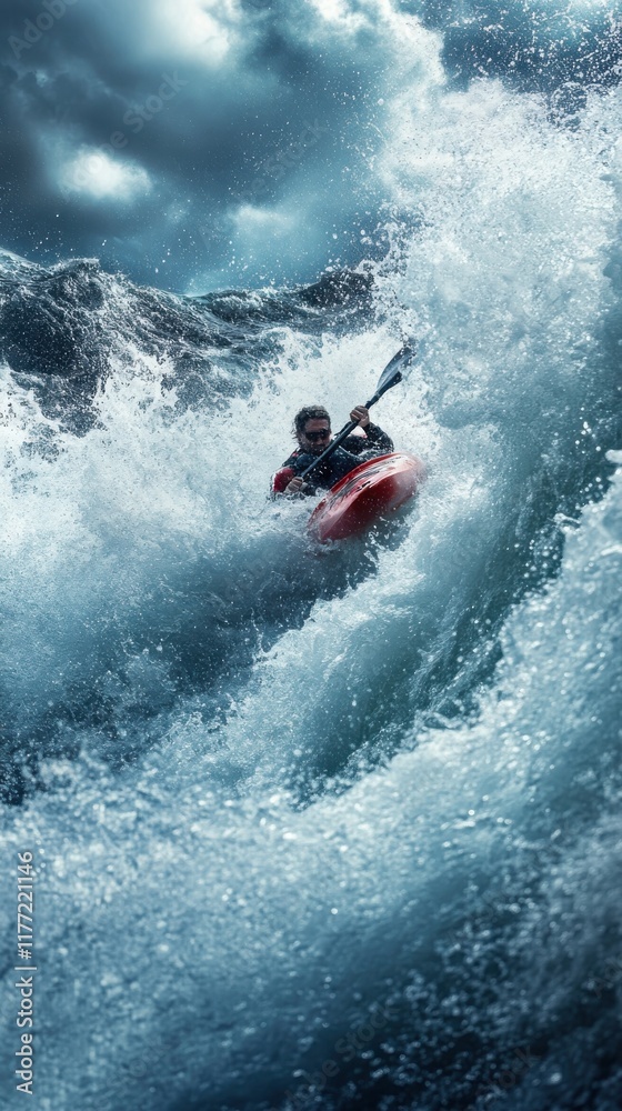 Obraz premium Dynamic kayaker navigating powerful waves in a turbulent ocean during an overcast day