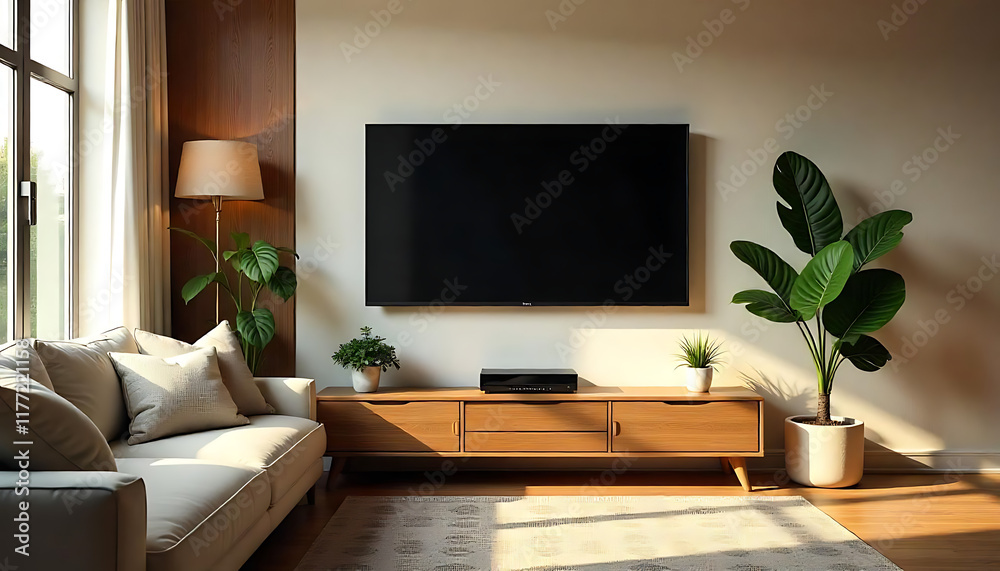 Fototapeta premium A bohemian living room featuring natural textures, earthy tones, minimalist living room design, Modern aesthetic living room design featuring natural materials and greenery, created with generative ai