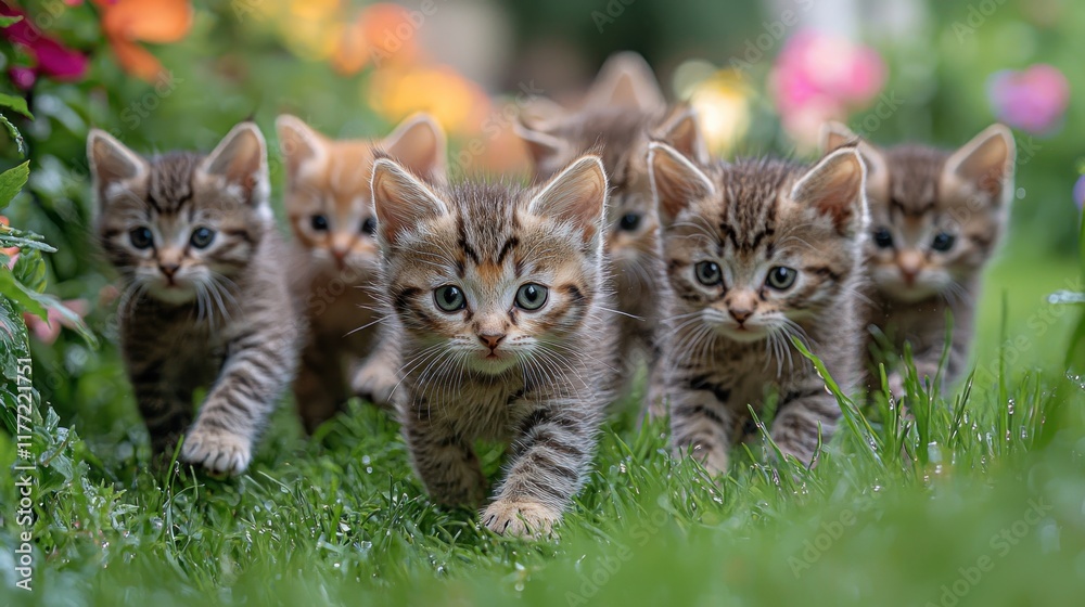 Seven kittens walking through grass in a flower garden Seven kittens walking through grass in a flower garden