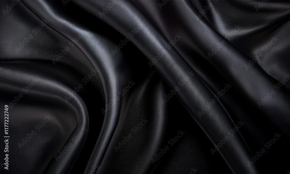 Luxurious, smooth black silk fabric with elegant waves and a rich, glossy texture, perfect for premium backgrounds, fashion concepts, and textile or design projects.