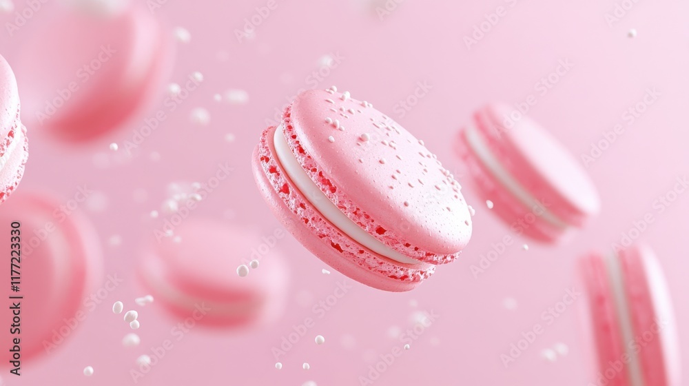 Obraz premium Pink macarons float delicately against a soft pink background, sprinkled with tiny glimmers, creating a whimsical and sweet aesthetic.