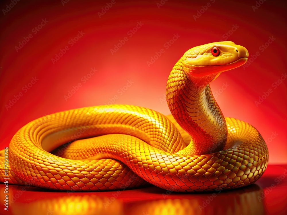 Fototapeta premium A majestic golden snake, a Chinese New Year icon, winds through a vibrant red landscape, representing the year of the snake.