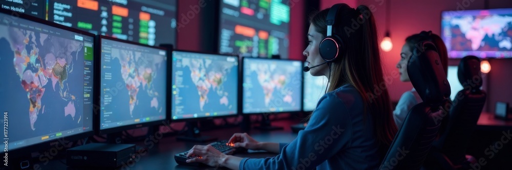 Fototapeta premium Woman sitting at a console with multiple screens and headsets on her ears, office space, communication devices