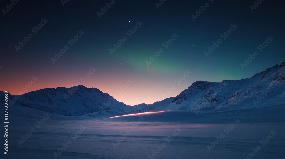 A serene winter landscape featuring majestic mountains, a colorful sky at twilight, and a soft glow reflecting on the snow-covered ground. A serene winter landscape featuring majestic mountains, a colorful sky at twilight, and a soft glow reflecting on the snow-covered ground.