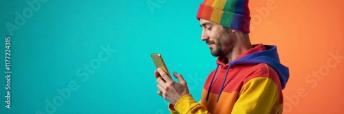 Young gay individual wearing colorful sweatshirt hat holding hand with mobile phone in rainbow-colored case, Rainbow, Colorful Outfit