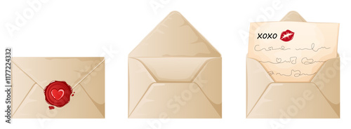 Envelope Love Letter Collection with Sealed, Opened and XOXO Kisses Message. Valentine Letters Illustrations