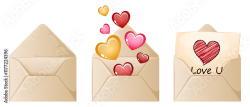 Canvastavla Opened Valentine`s Love Letters Collection with Empty Envelope, Colorful Hearts Coming Out and Love U Message with Heart Drawing