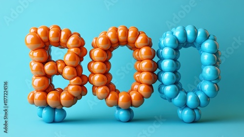 3D rendered BOO text made of orange and blue balloons on a light blue background. photo