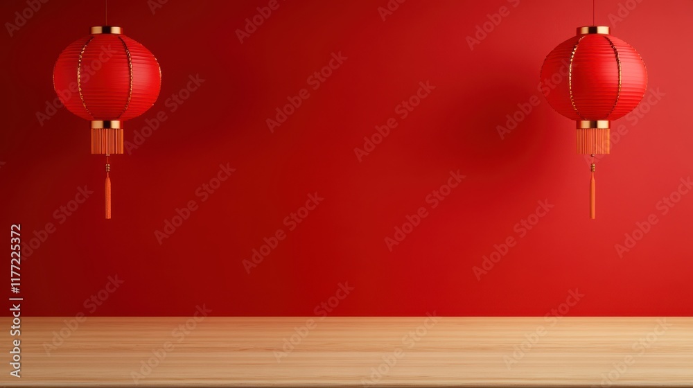 Two red lanterns hang against a vibrant red wall, creating a festive atmosphere with a wooden surface below. Two red lanterns hang against a vibrant red wall, creating a festive atmosphere with a wooden surface below.