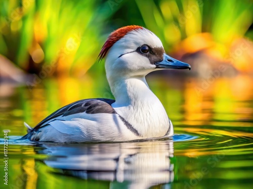 A smew duck's candid rear view, zoomed out, at Norway's bird sanctuary. photo