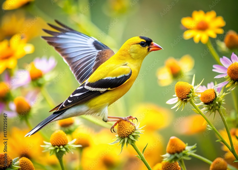 Fototapeta premium American Goldfinch in Flight, Long Exposure, Blurred Background, Nature Photography