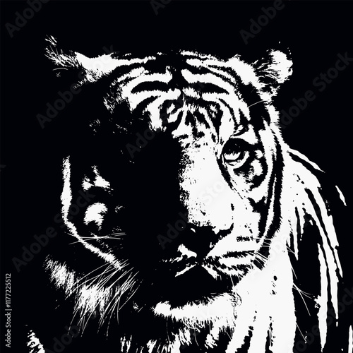 This high-contrast illustration captures the fierce and majestic nature of a tiger through a striking black and white minimalist style