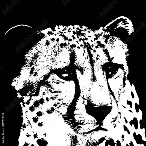 This striking black and white illustration captures the essence of a cheetah's face with its distinctive spots and intense gaze