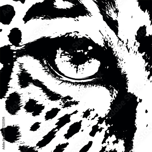 The intense gaze of a leopard's eye, with detailed spots and markings creating a dramatic effect, striking black and white art illustration