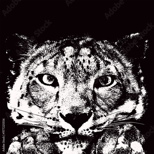 This striking black and white illustration captures the essence of a cheetah's face with its distinctive spots and intense gaze