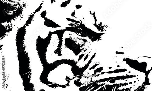 The fierce and majestic nature of a tiger through a striking black and white minimalist style, high-contrast illustration captures 