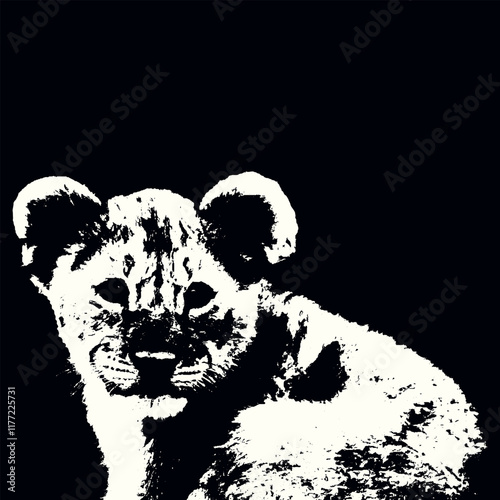 Innocence and curiosity of a young lion cub, set against a solid black background, striking black-and-white illustration 