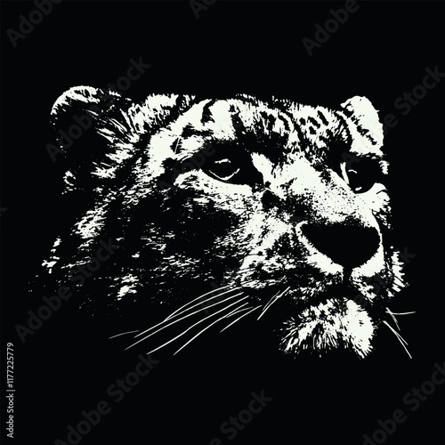 Fierce and majestic nature of a tiger's face with striking contrast,  captivating black and white illustration