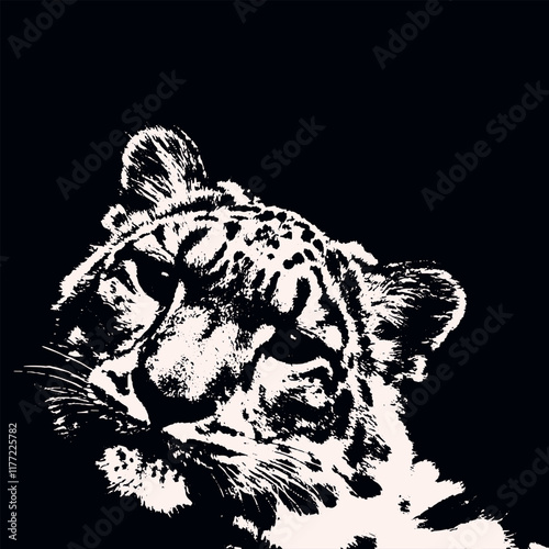 Fierce and majestic nature of a tiger's face with striking contrast,  captivating black and white illustration