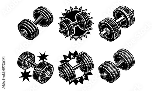 Set of Stylized Dumbbell Illustrations with Fitness and Strength Themes
