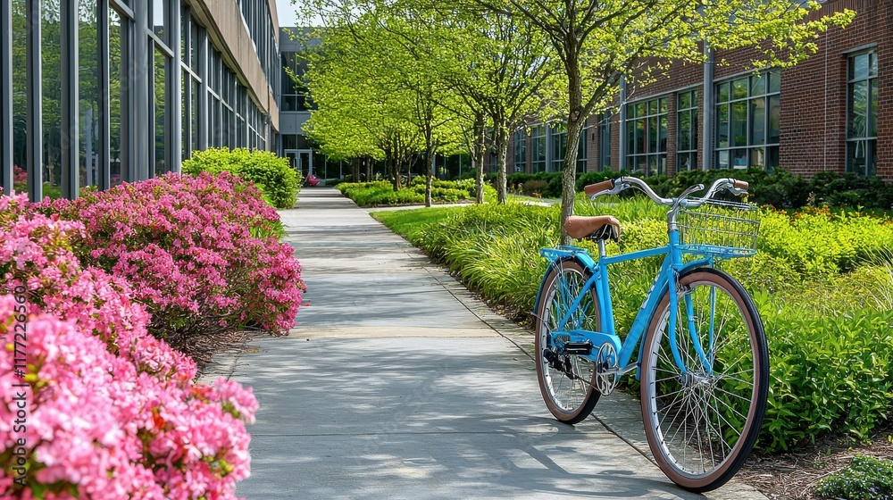 Fototapeta premium Bicycle resting against corporate office building urban environment photography daytime modern aesthetic