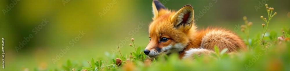 Obraz premium Adorable baby fox snuggled in a warm grass nest, design element, fox, cute