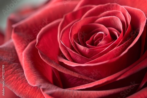 Vibrant red rose macro photography captures delicate petal texture and silky smooth surfaces, presenting elegant floral details with romantic atmosphere in pure red tones