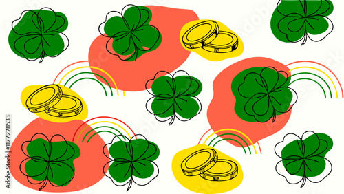 Seamless pattern of shamrocks and gold coins on vibrant green background, festive design