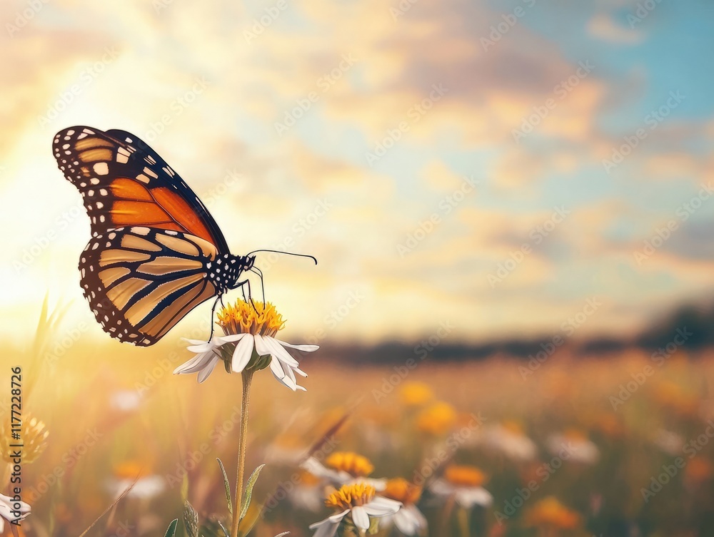 Obraz premium A vibrant close-up of an endangered monarch butterfly, its orange and black wings glowing in sunlight, perched on a blooming milkweed flower in a serene meadow