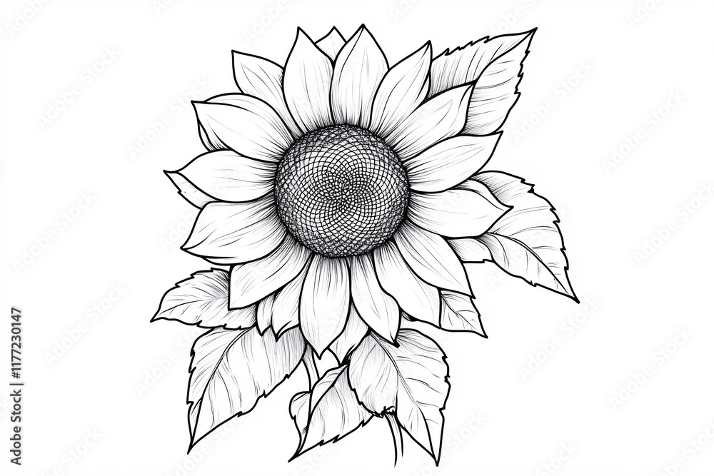 Fototapeta premium Detailed Black and White Illustration of a Sunflower with Leaves