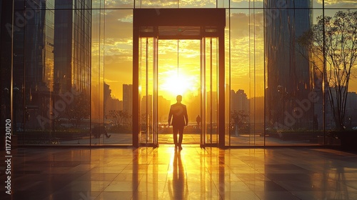 Professional taking a deep breath before entering adfe standard office building motivational image urban environment daytime mindfulness concept photo