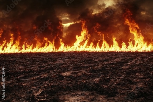 Intense Blaze of Fire Illuminating a Dark Sky Over a Burnt Field Landscape photo