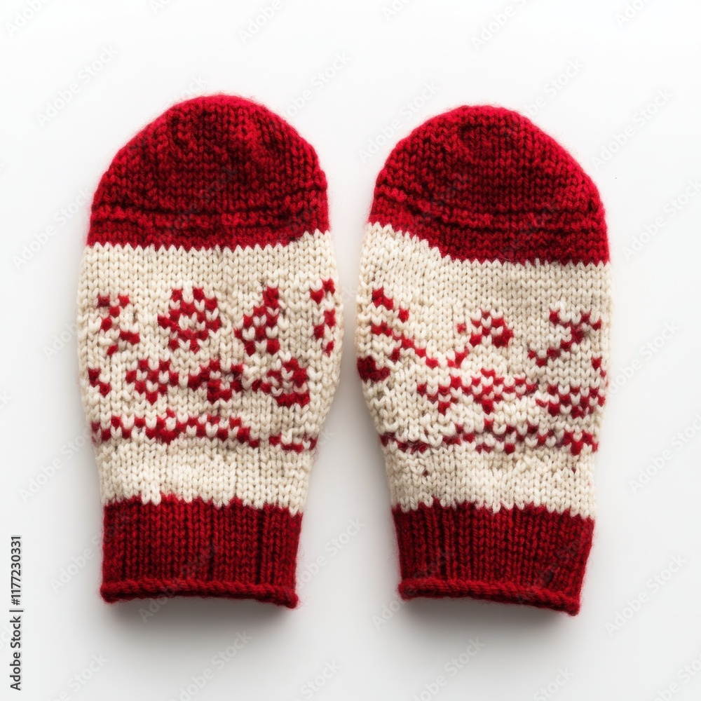Knitted woolen mittens in red and cream with festive designs perfect for winter activities Knitted woolen mittens in red and cream with festive designs perfect for winter activities