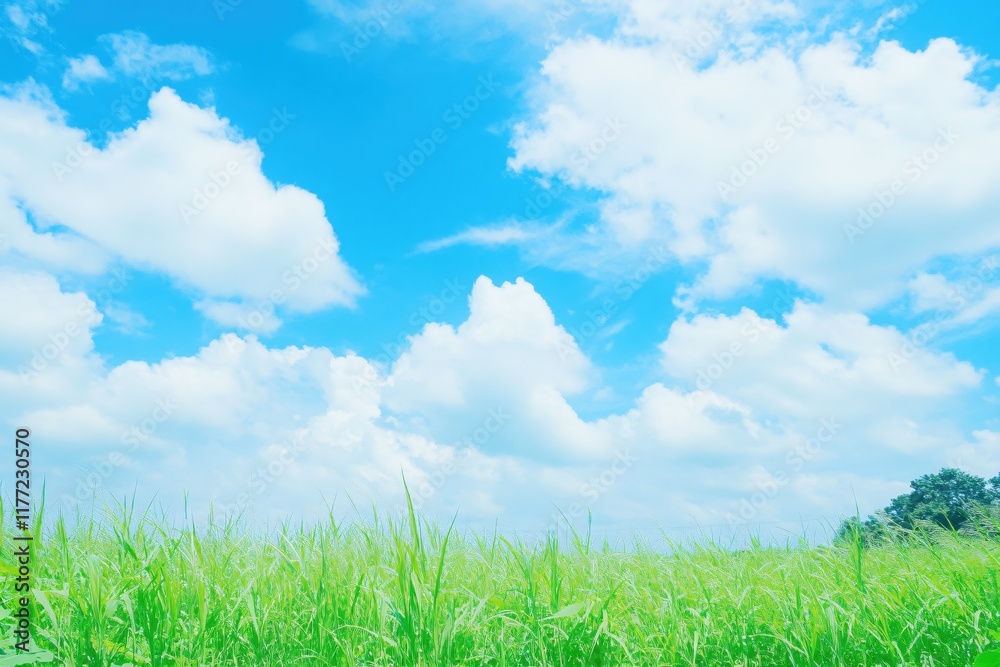 Expansive Blue Sky Over Lush Green Grass Under Bright Sunlight in Open Landscape Expansive Blue Sky Over Lush Green Grass Under Bright Sunlight in Open Landscape