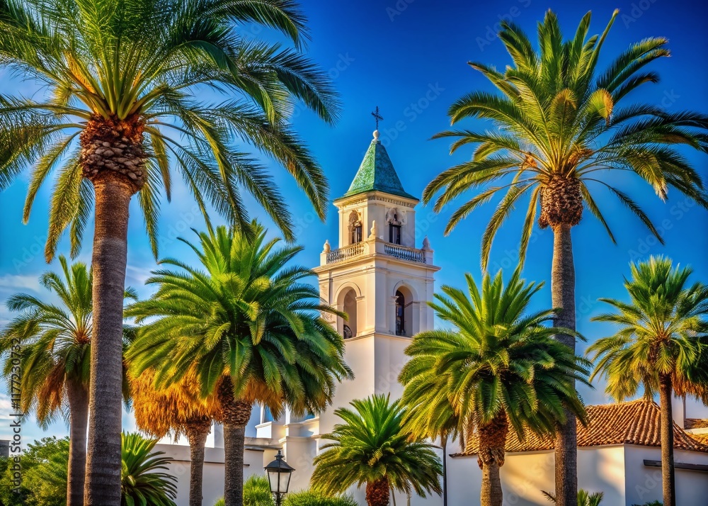 Fototapeta premium Andalusian Charm: Palm Trees & White Church Tower in Conil de la Frontera