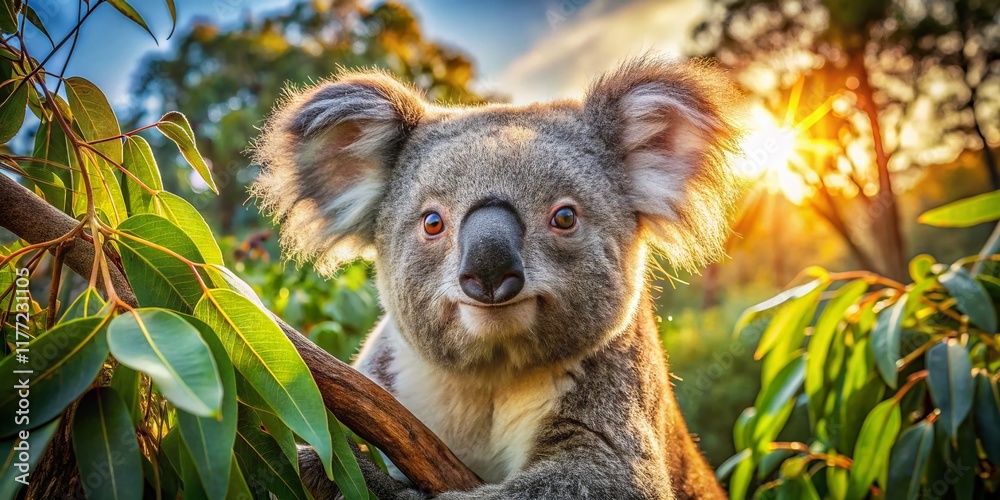 Fototapeta premium Angry Koala Drone Shot: Wildlife Photography, Australian Bush, Eucalyptus Tree