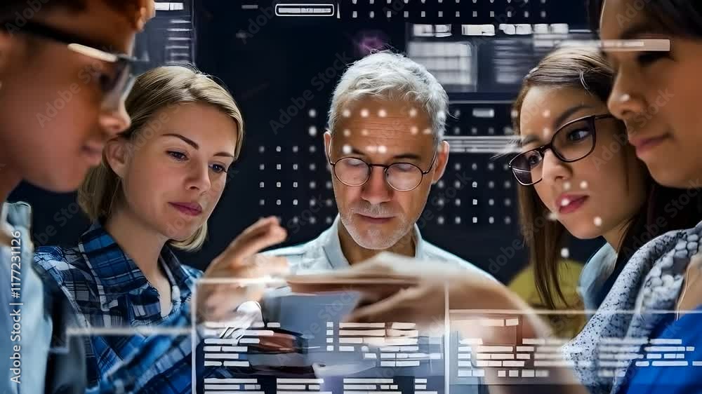 Team collaboration on data analysis, diverse group working together, digital interface, tech meeting, future technology Team collaboration on data analysis, diverse group working together, digital interface, tech meeting, future technology