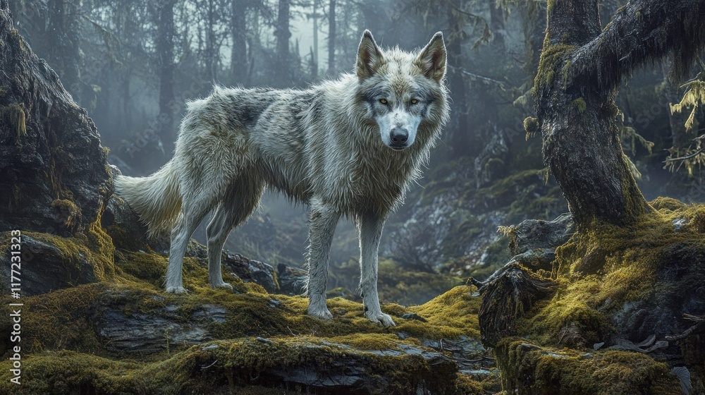 Obraz premium A lone wolf stands amidst a misty, moss-covered forest, evoking a sense of wilderness.