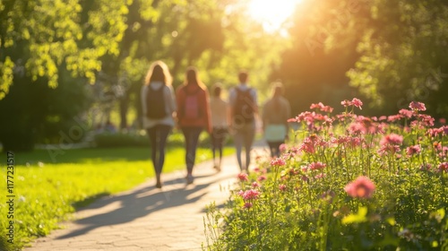 Mindfulness group engages in slow meditative practice during a sunny afternoon in a park surrounded by flowers photo