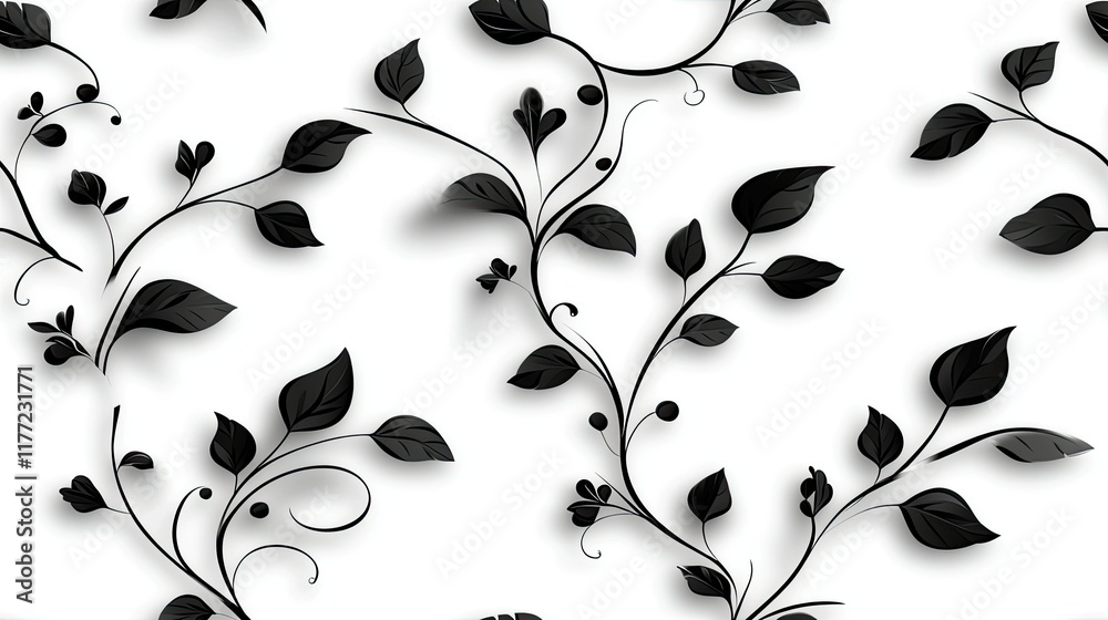 Intricate seamless pattern showcases black swirls and leaves on a crisp white background, perfect for sophisticated design applications SEAMLESS PATTERN Intricate seamless pattern showcases black swirls and leaves on a crisp white background, perfect for sophisticated design applications SEAMLESS PATTERN