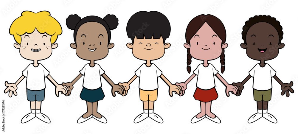 Multiracial Kids cartoon characters holding hands each other. Best for sticker, logo, and mascot with world peace themes Multiracial Kids cartoon characters holding hands each other. Best for sticker, logo, and mascot with world peace themes