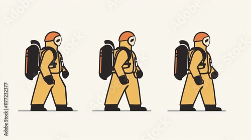 A person in a protective suit with a backpack walking. Perfect for themes of exploration, safety, and adventure. photo