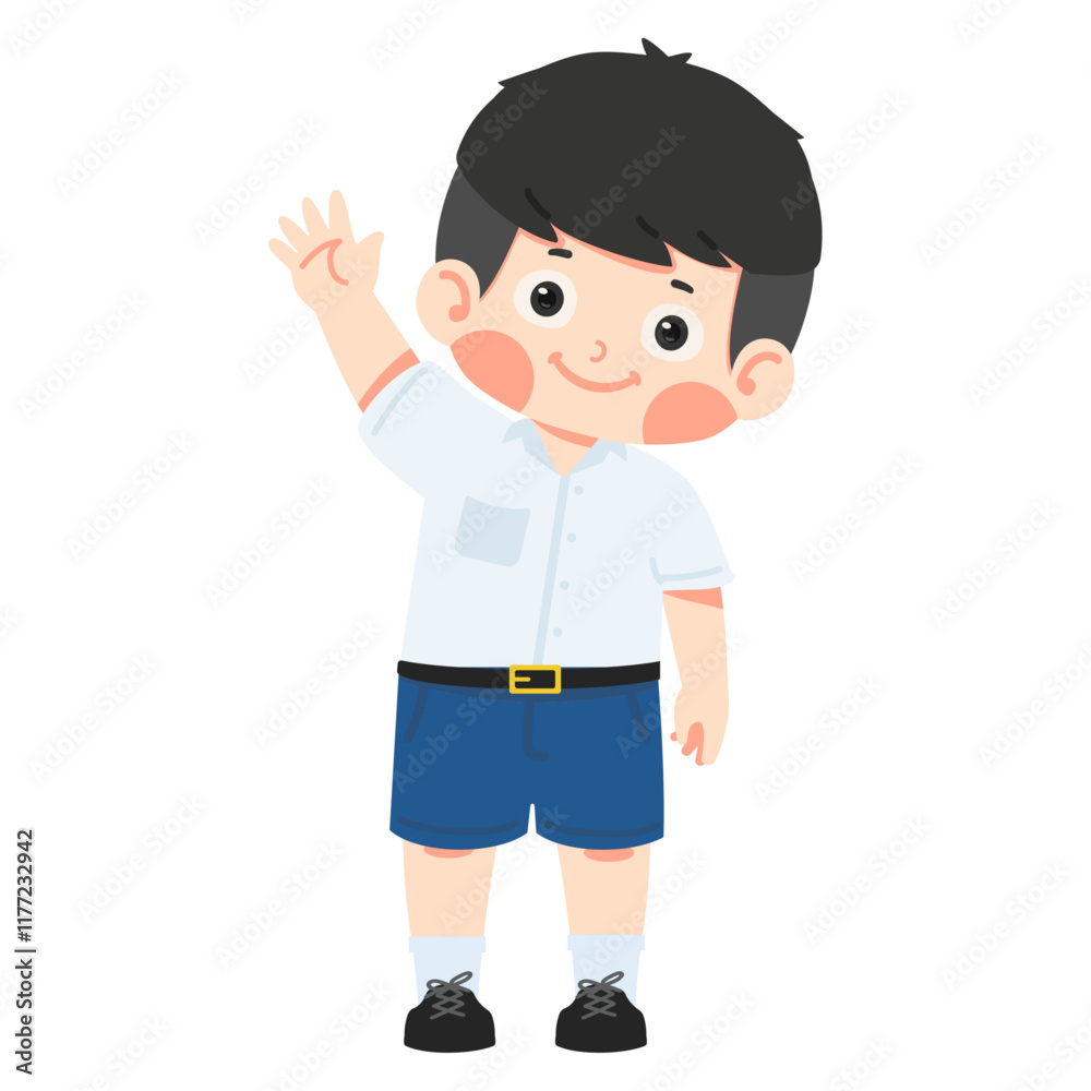 Boy waving hands and saying hi or bye to school Boy waving hands and saying hi or bye to school